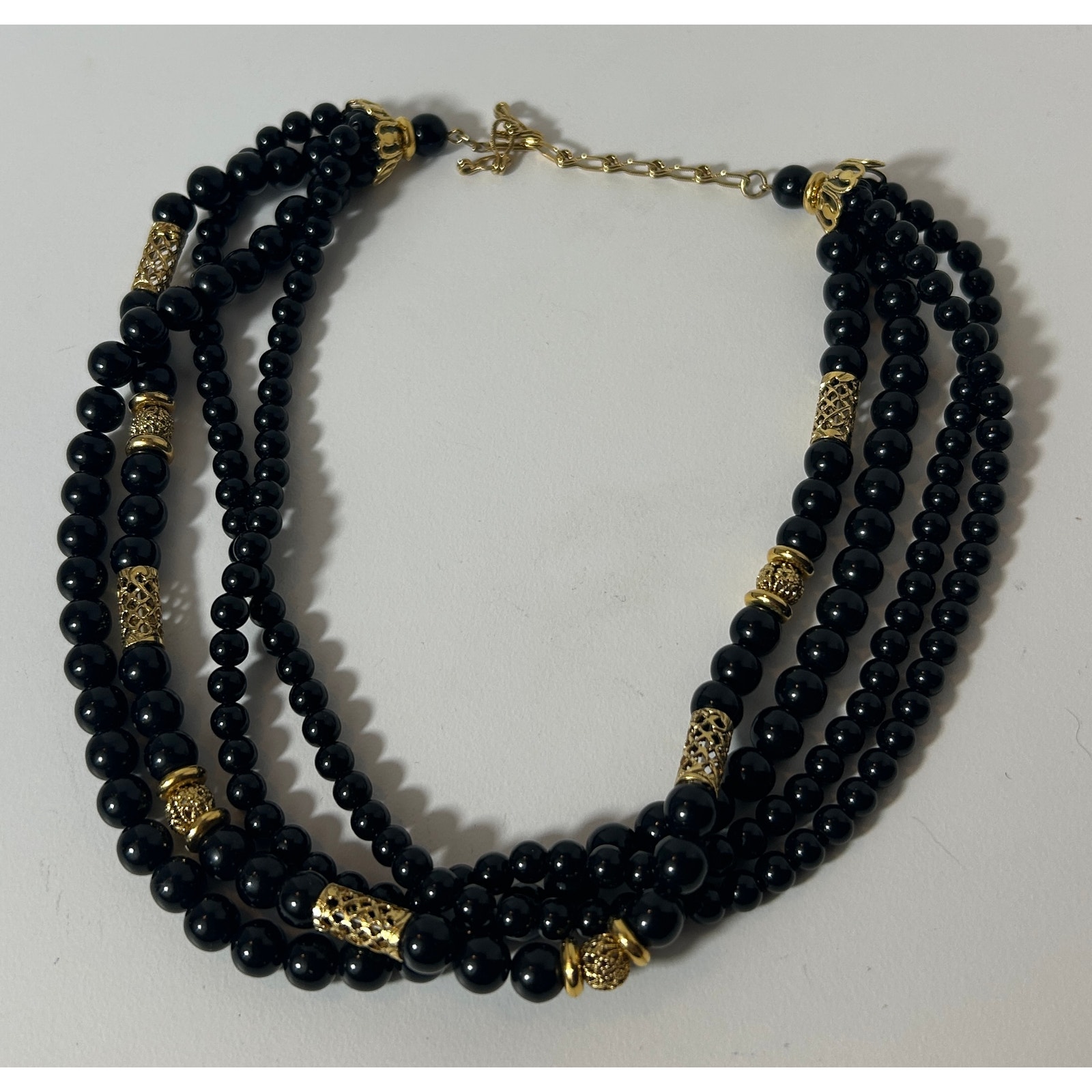Vintage Multi-Strand Black Beaded Necklace With Gold Filigree Accents 19